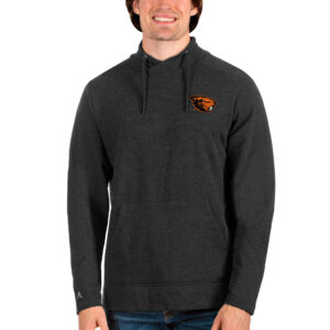 Men's Antigua Heathered Black Oregon State Beavers Reward Crossover Neckline Pullover Sweatshirt