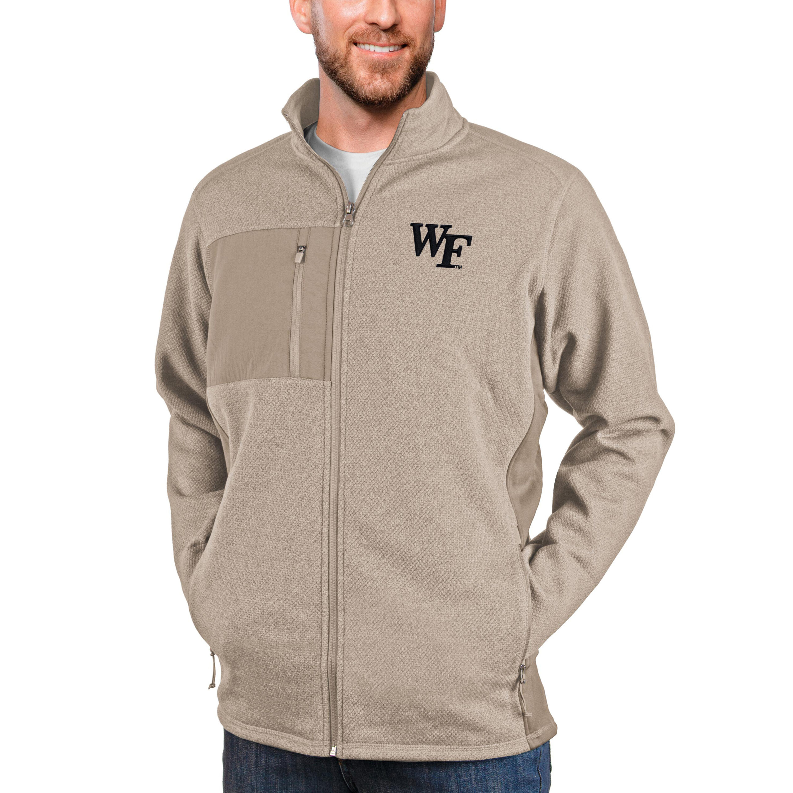 Men's Antigua Oatmeal Wake Forest Demon Deacons Course Full-Zip Jacket