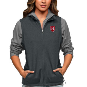 Women's Antigua Heather Charcoal Harvard Crimson Course Full-Zip Vest