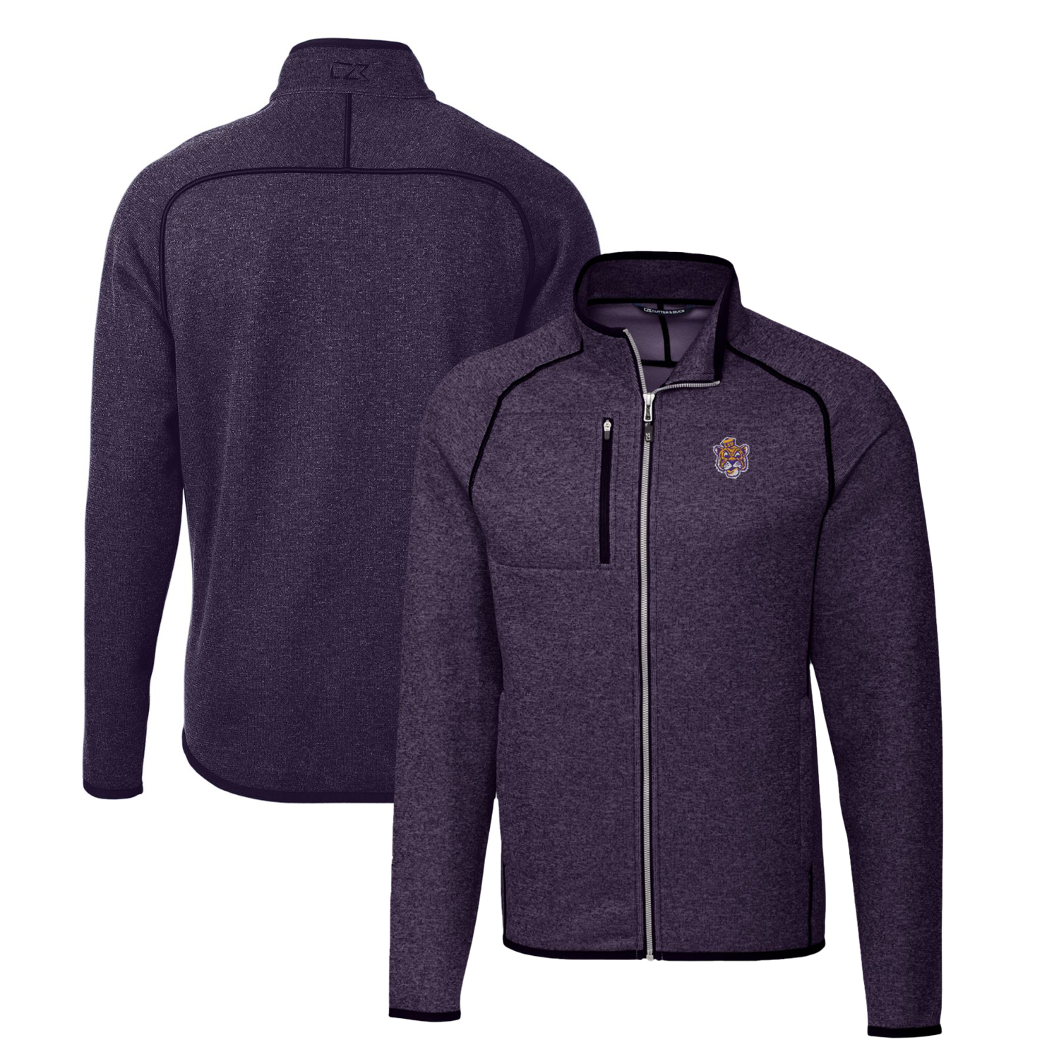 Men's Cutter & Buck Heather Purple LSU Tigers Mainsail Sweater-Knit Full-Zip Jacket - Image 2