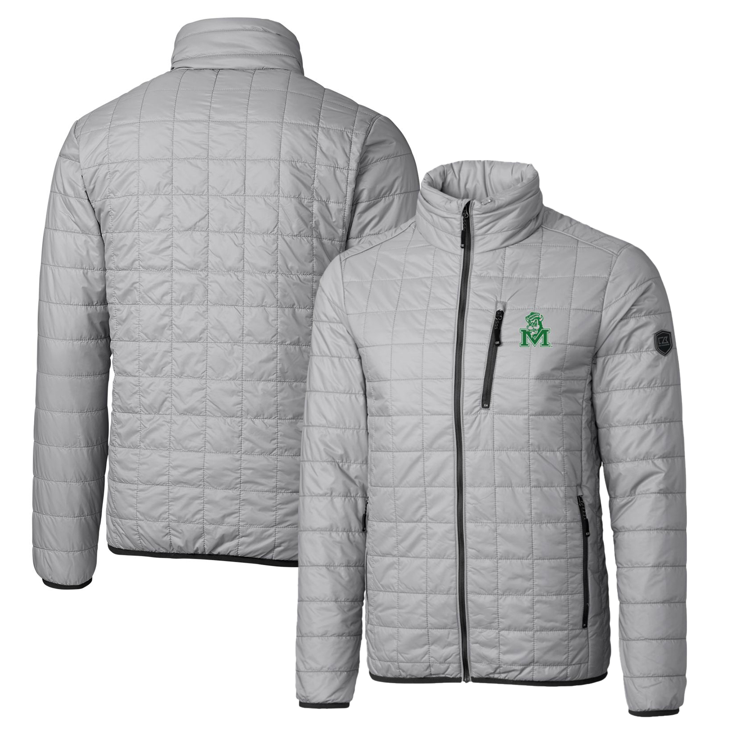 Cutter & Buck Gray Marshall Thundering Herd Primary Team Logo Rainier PrimaLoft Eco Insulated Full-Zip Puffer Jacket