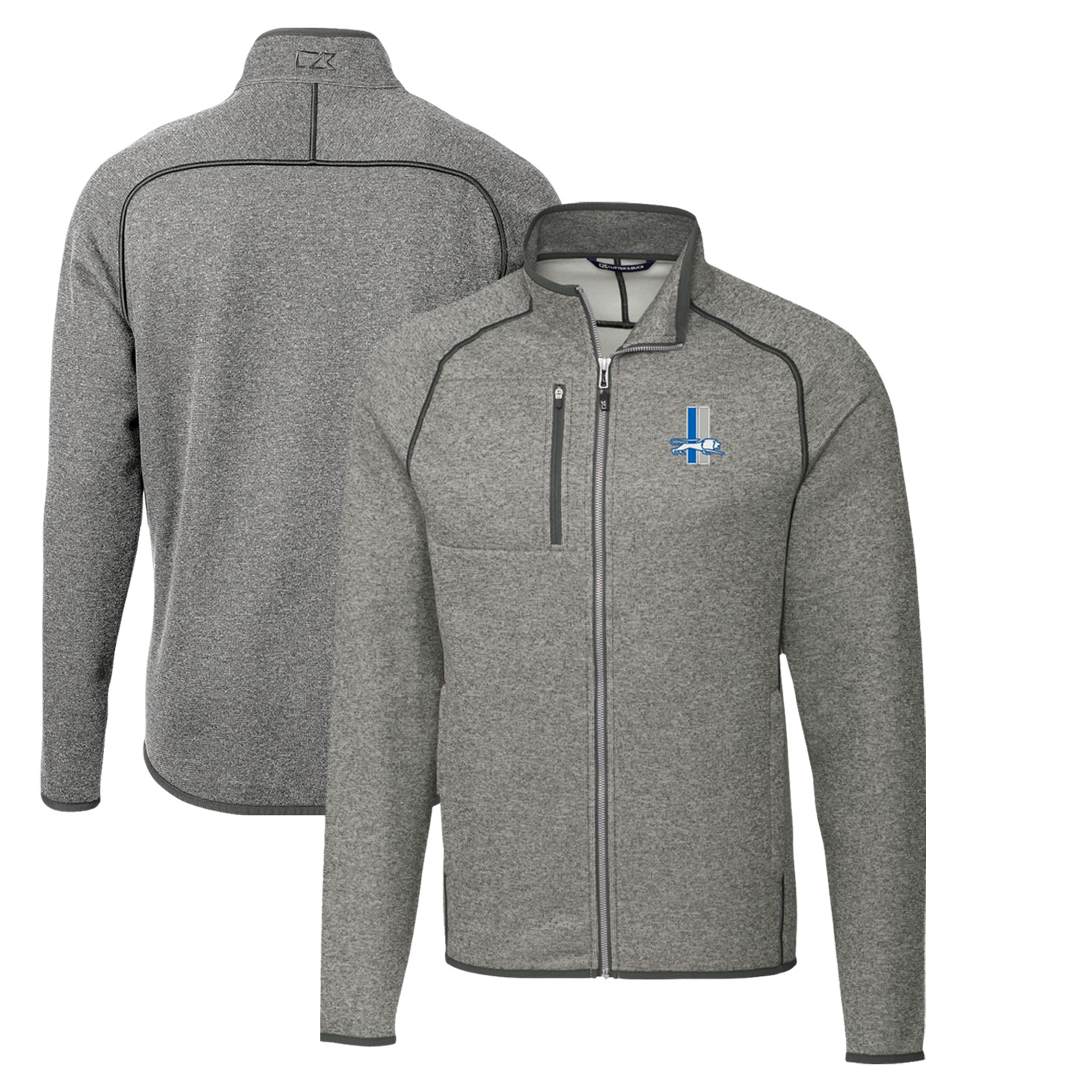 Men's Cutter & Buck Heather Gray Detroit Lions Throwback Logo Mainsail Sweater-Knit Full-Zip Jacket