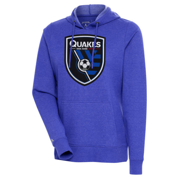 Women's Antigua Heather Royal San Jose Earthquakes Full Front Action Pullover Hoodie