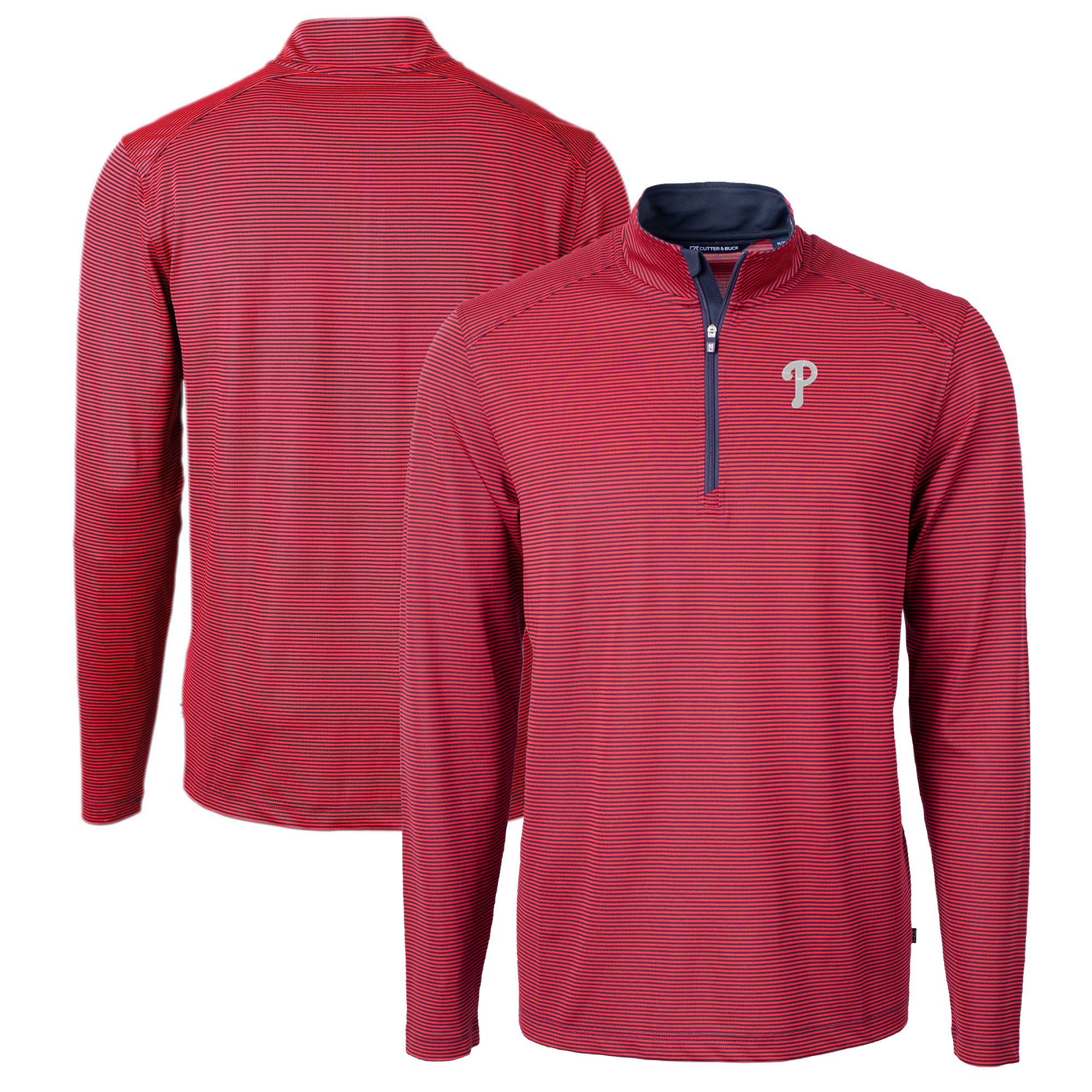 Men's Cutter & Buck Red/Navy Philadelphia Phillies Virtue Eco Pique Micro Stripe Big & Tall Recycled Quarter-Zip Pullover Top - Image 5