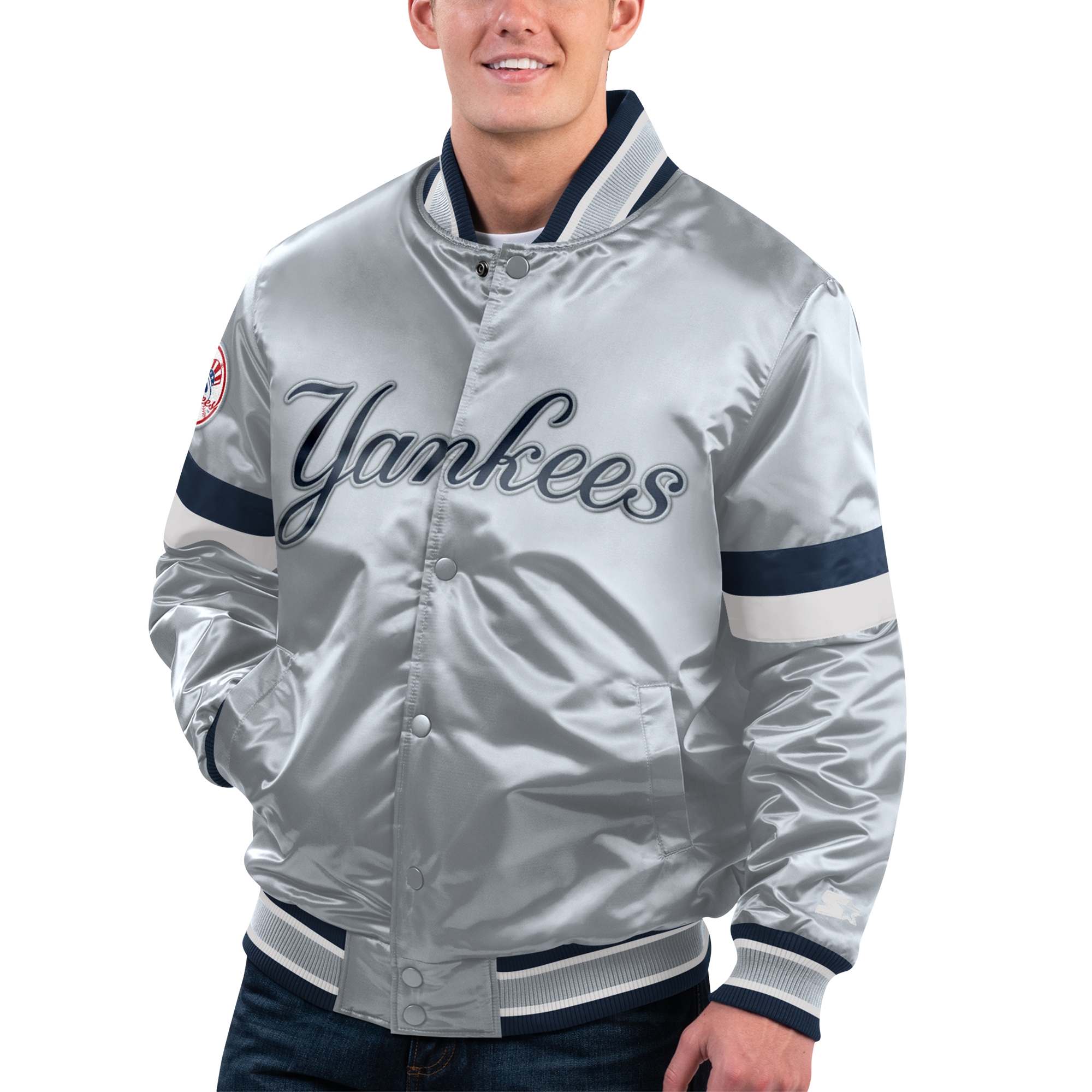 Men's Starter Gray New York Yankees Home Game Satin Full-Snap Varsity Jacket