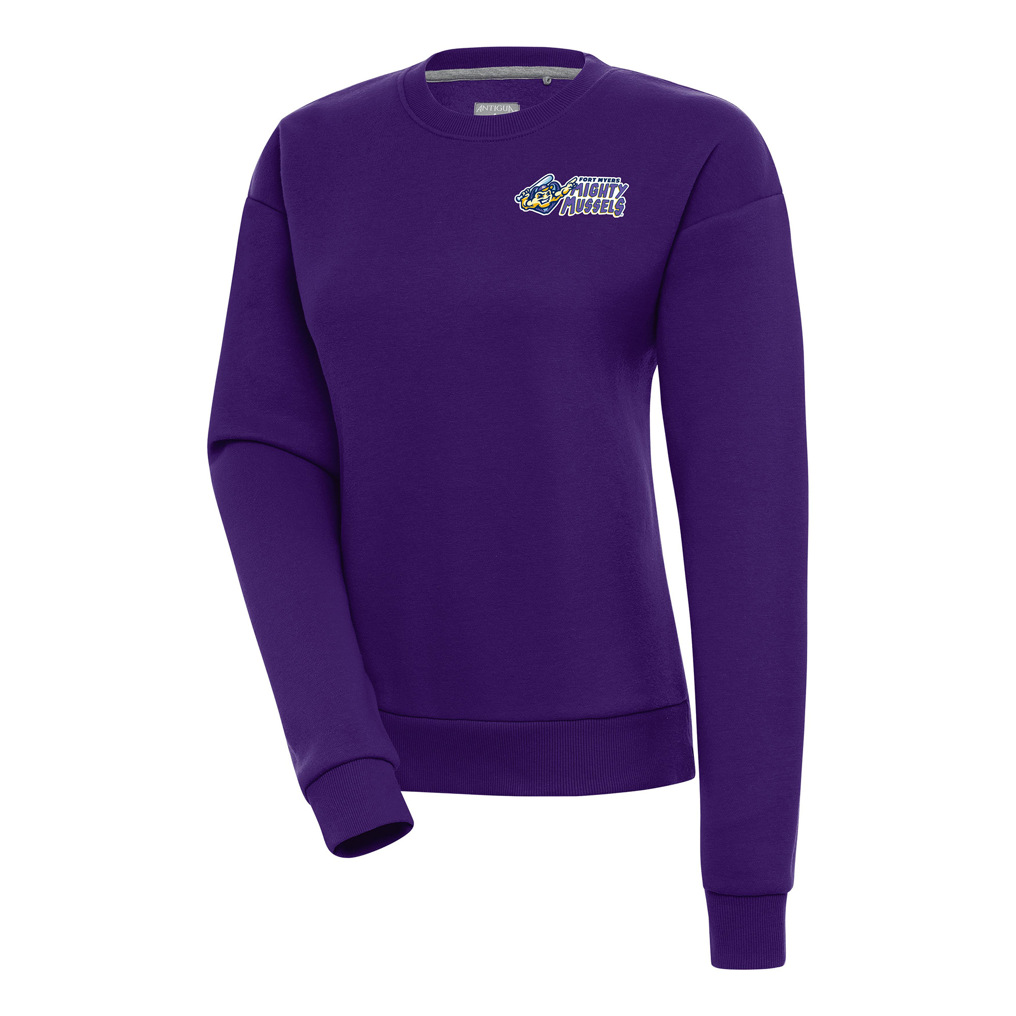 Women's Antigua Purple Fort Myers Mighty Mussels Victory Pullover Sweatshirt