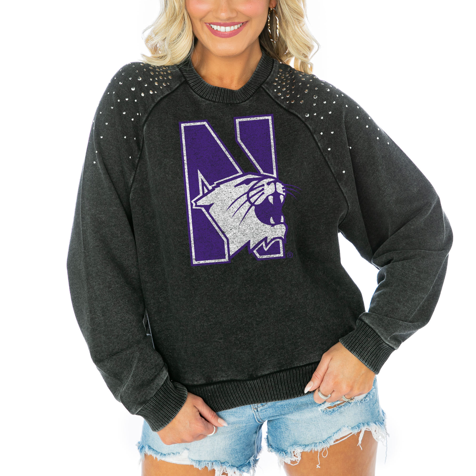 Women's Gameday Couture Charcoal Northwestern Wildcats Varsity Studded French Terry Pullover Sweatshirt - Image 2