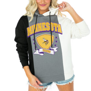 Women's Gameday Couture  Black/White Minnesota Vikings Take The Field Tri-Color Block Fleece Pullover Hoodie