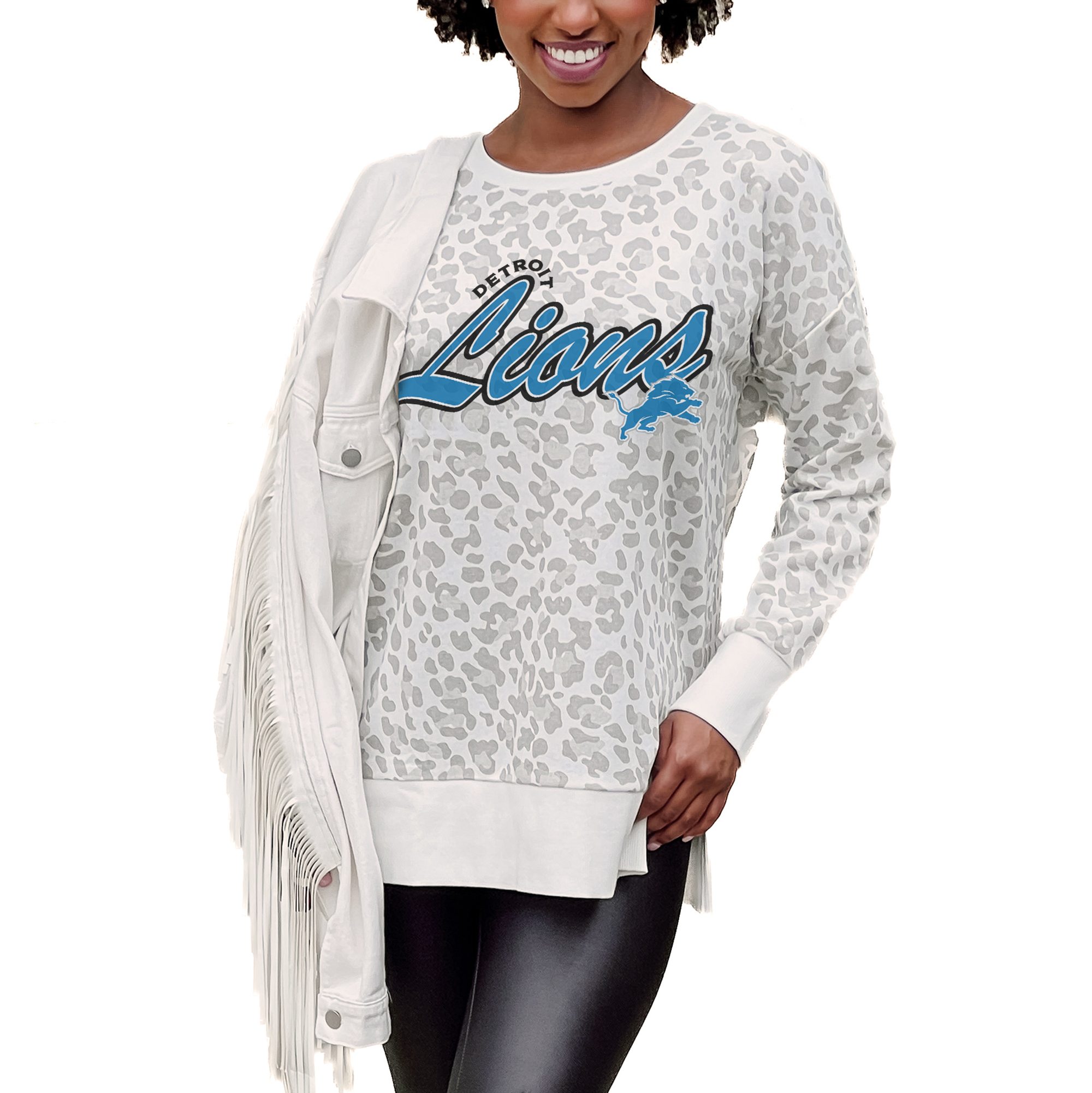 Women's Gameday Couture White Detroit Lions French Terry Feeling Wild Side-Slit Sweatshirt