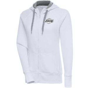 Women's Antigua  White Los Angeles Lakers Brushed Metallic Victory Full-Zip Hoodie
