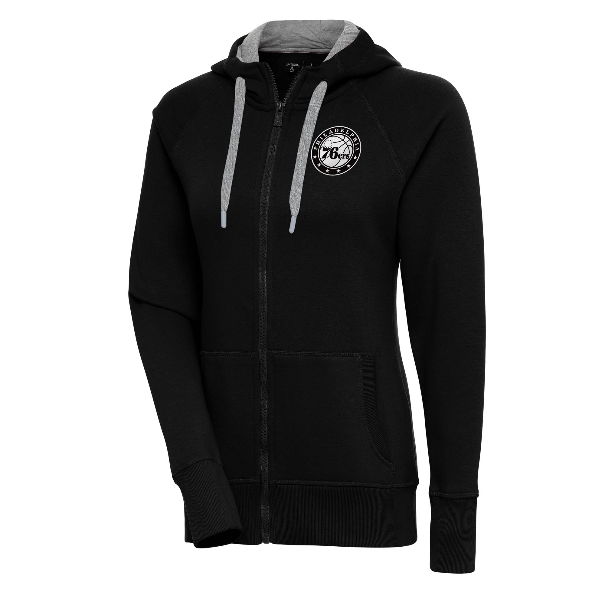Women's Antigua Black Philadelphia 76ers Metallic Logo Victory Full-Zip Hoodie