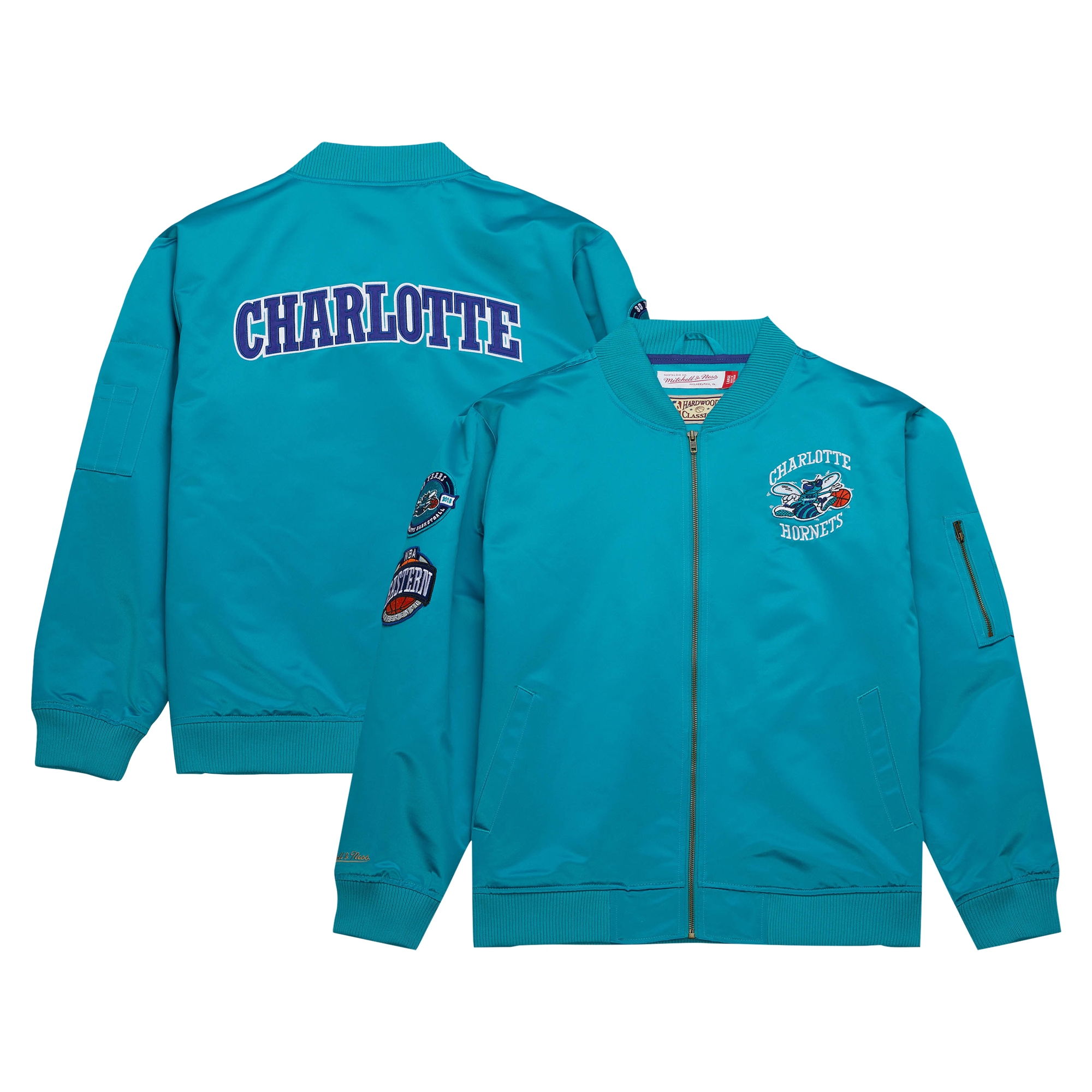 Men's Mitchell & Ness Teal Charlotte Hornets Hardwood Classics Vintage Logo Full-Zip Bomber Jacket - Image 2