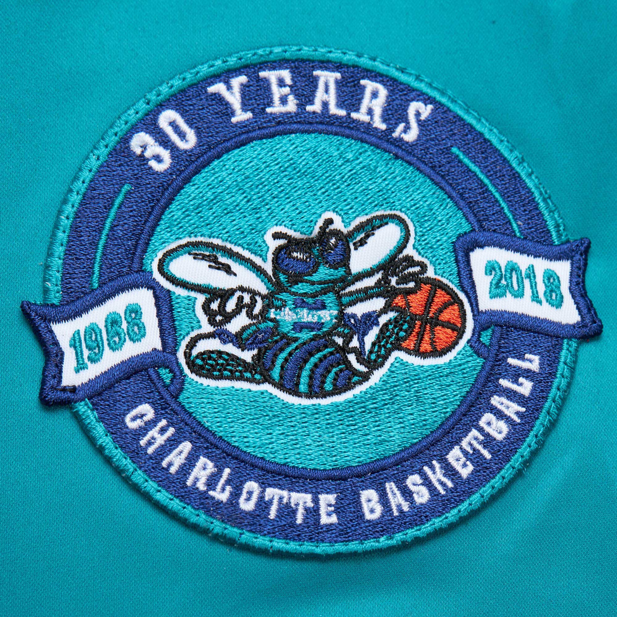 Men's Mitchell & Ness Teal Charlotte Hornets Hardwood Classics Vintage Logo Full-Zip Bomber Jacket - Image 6