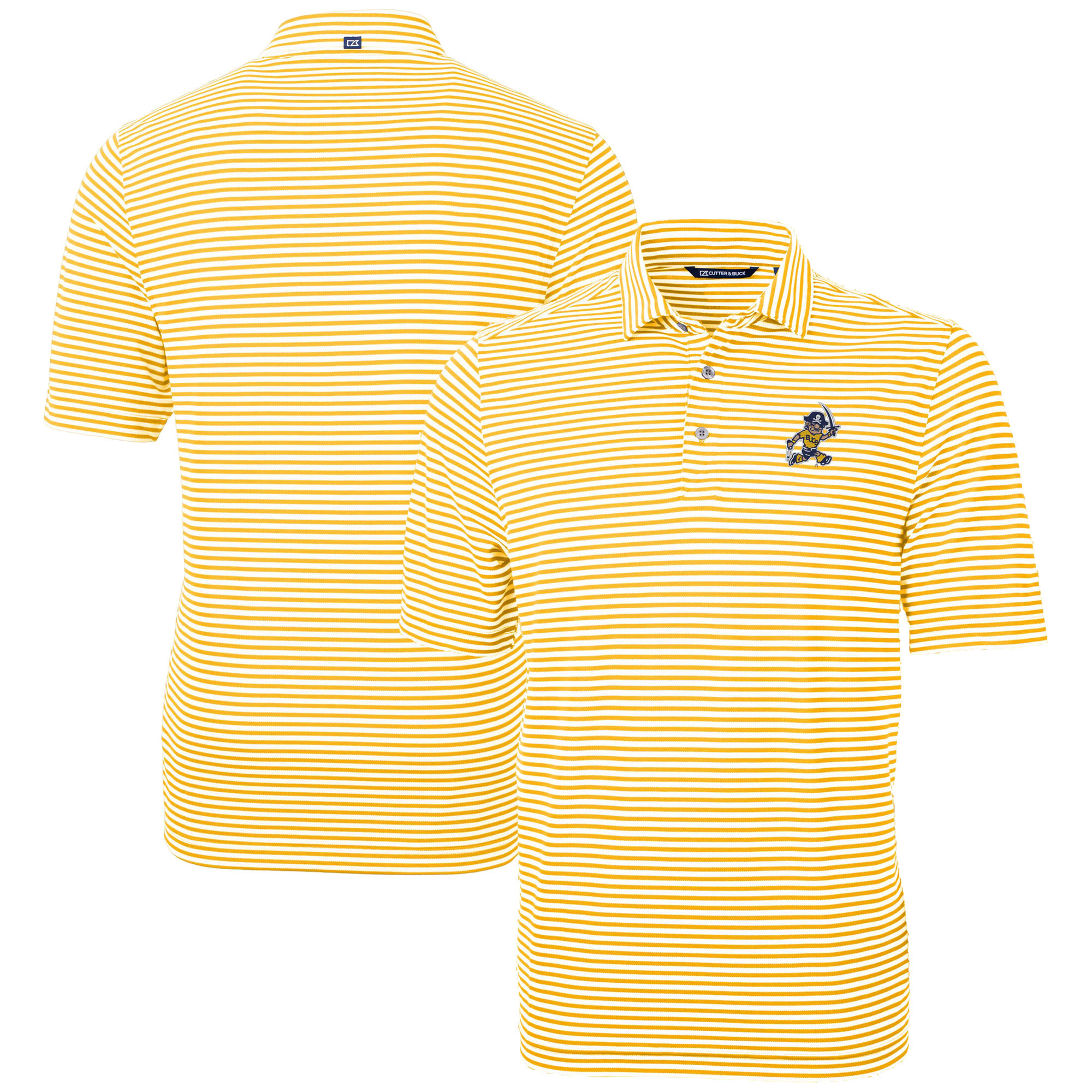 Men's Cutter & Buck Gold ETSU Buccaneers Vault DryTec Virtue Eco Pique Stripe Recycled Polo