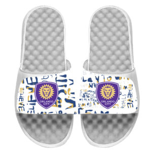 Youth ISlide White Orlando City SC Kick Cancer Slide Sandals