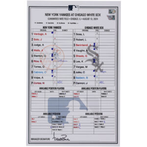 New York Yankees Game-Used Lineup Card vs. Chicago White Sox on August 13, 2024