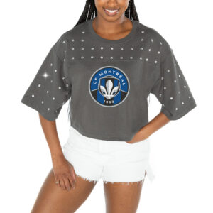 Women's Gameday Couture  Gray CF Montreal Making Moves Rhinestone Cropped Oversized Half Sleeve T-Shirt