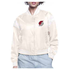 Women's Starter  Cream Portland Trail Blazers Printed Logo Cropped Satin Varsity Full-Snap Jacket