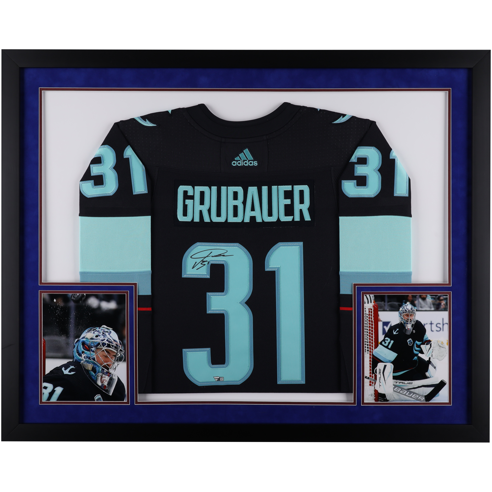 Philipp Grubauer Seattle Kraken Autographed Deluxe Framed Navy Adidas Authentic Jersey