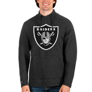 Men's Antigua Heathered Black Las Vegas Raiders Team Reward Crossover Neckline Pullover Sweatshirt