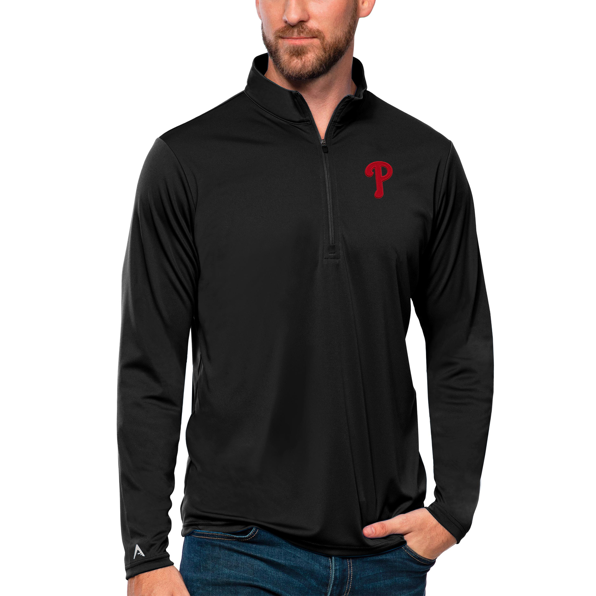 Men's Antigua Black Philadelphia Phillies Tribute Quarter-Zip Pullover Top