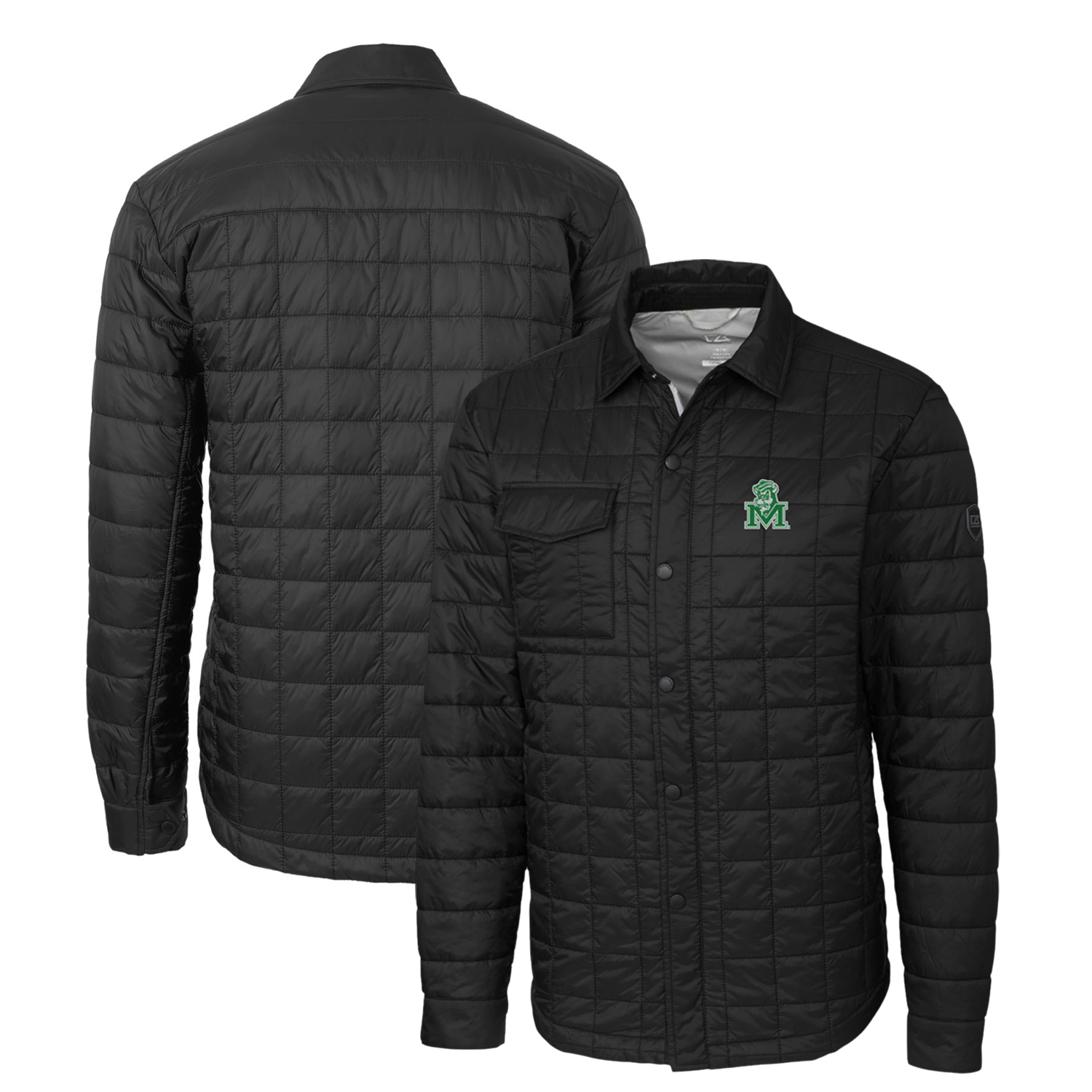 Men's Cutter & Buck Black Marshall Thundering Herd Rainier PrimaLoft Eco Insulated Quilted Button-Up Shacket