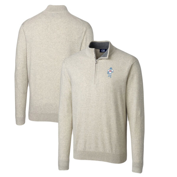 Men's Cutter & Buck Oatmeal Houston Oilers Throwback Logo Lakemont Tri-Blend Big & Tall Quarter-Zip Pullover Sweater