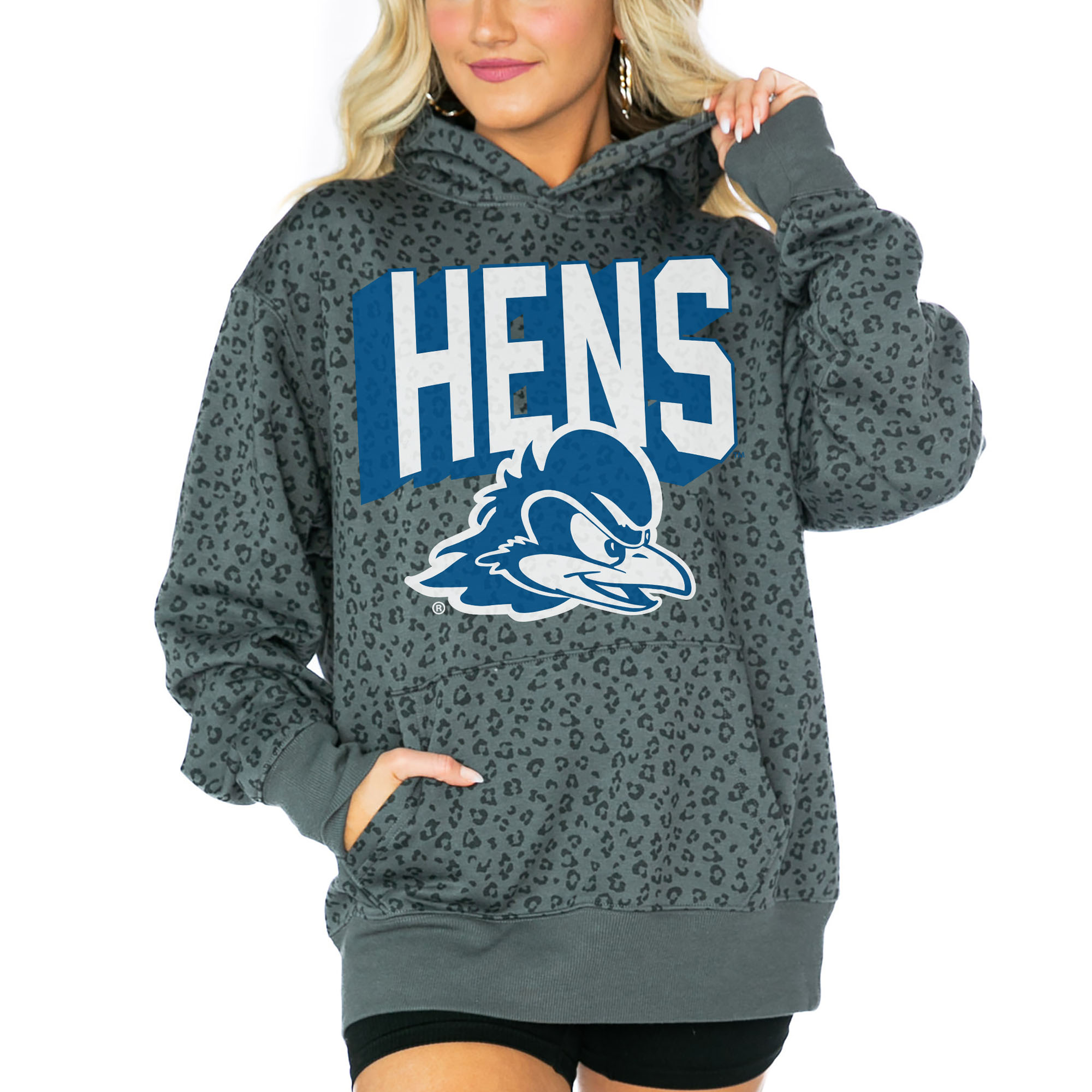 Women's Gameday Couture Black Delaware Fightin' Blue Hens Running Wild Leopard Print Pullover Hoodie