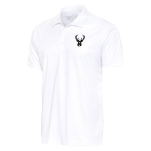 Men's Antigua White Milwaukee Bucks Metallic Logo Tribute Desert Dry Polo