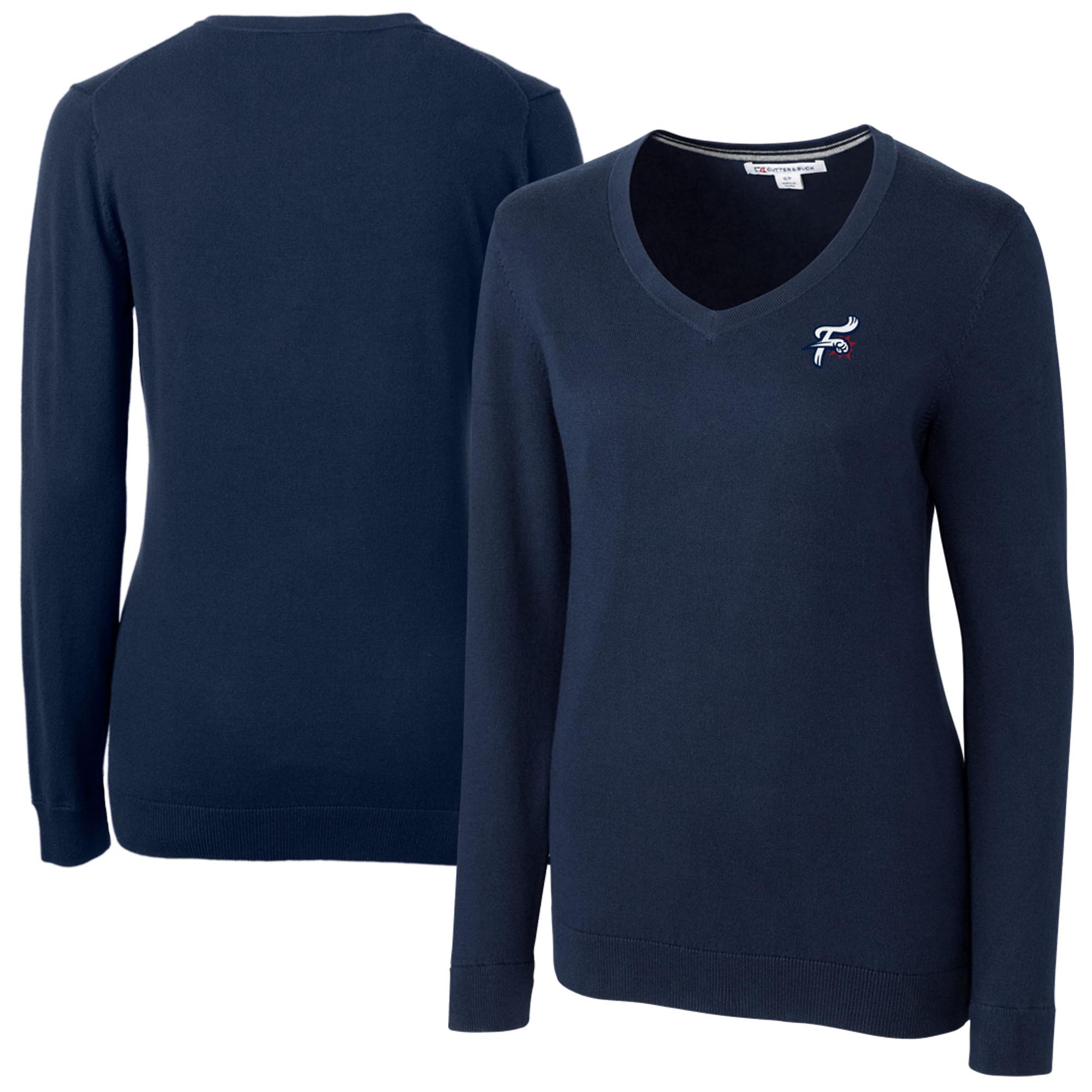 Women's Cutter & Buck Navy Reading Fightin Phils Lakemont Tri-Blend V-Neck Pullover Sweater