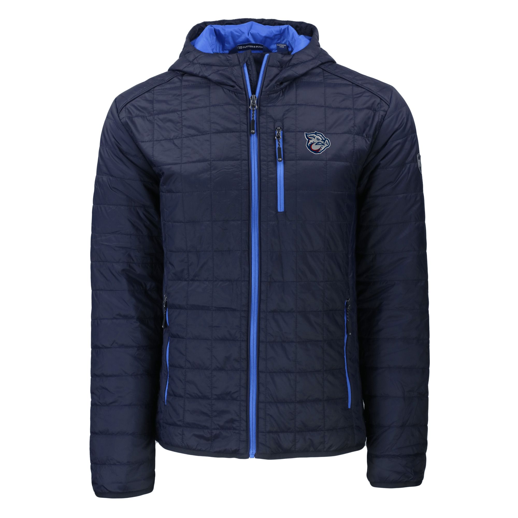 Men's Cutter & Buck Navy Lehigh Valley IronPigs Rainier PrimaLoft Eco Full-Zip Hooded Jacket - Image 3