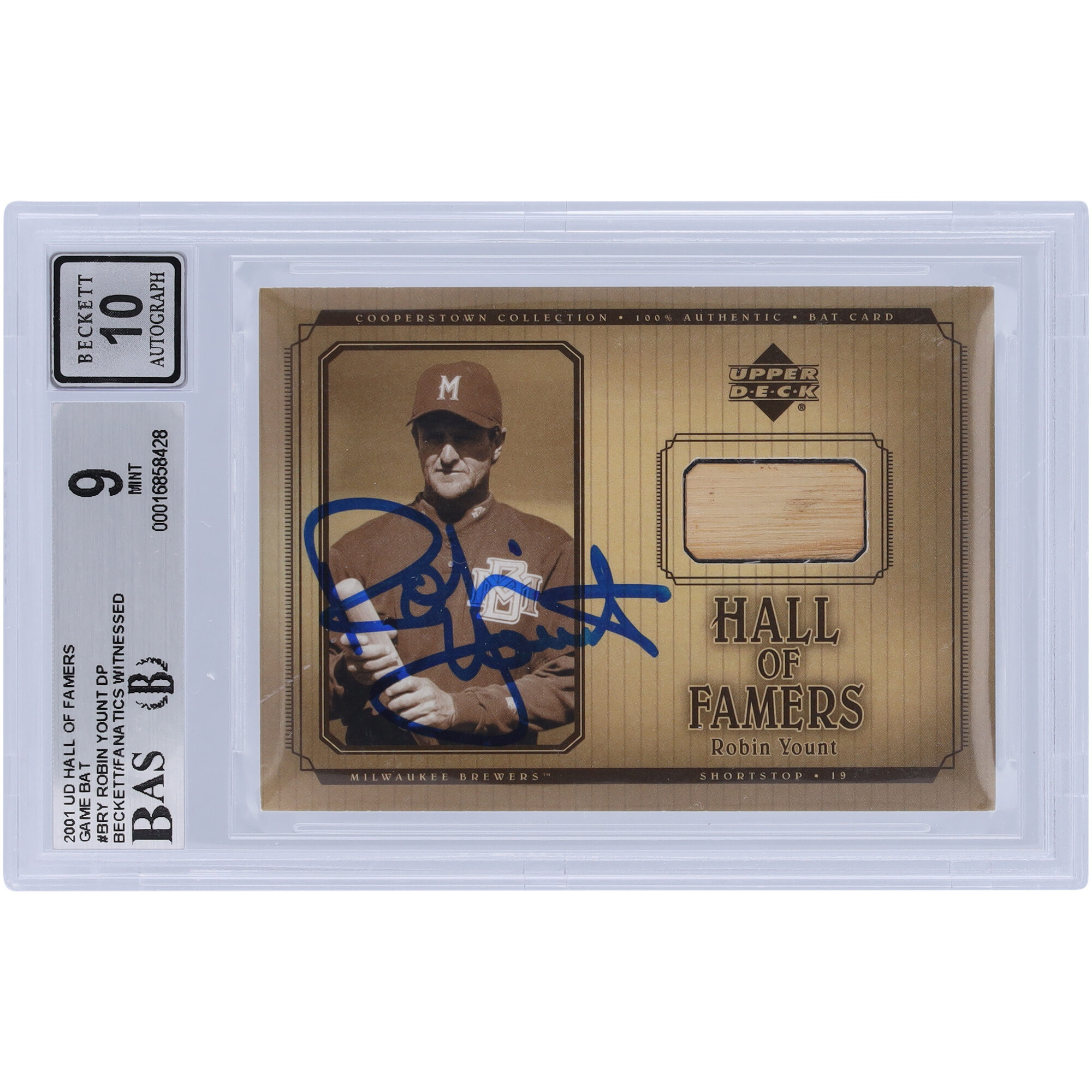 Robin Yount Milwaukee Brewers Autographed 2001 Upper Deck Hall of Famers Game Bat Relic #B-RY Beckett Fanatics Witnessed Authenticated 9/10 Card - Image 4