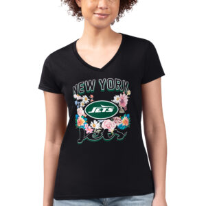 Women's G-III 4Her by Carl Banks Black New York Jets Flowers Team Logo Graphic Fitted V-Neck T-Shirt