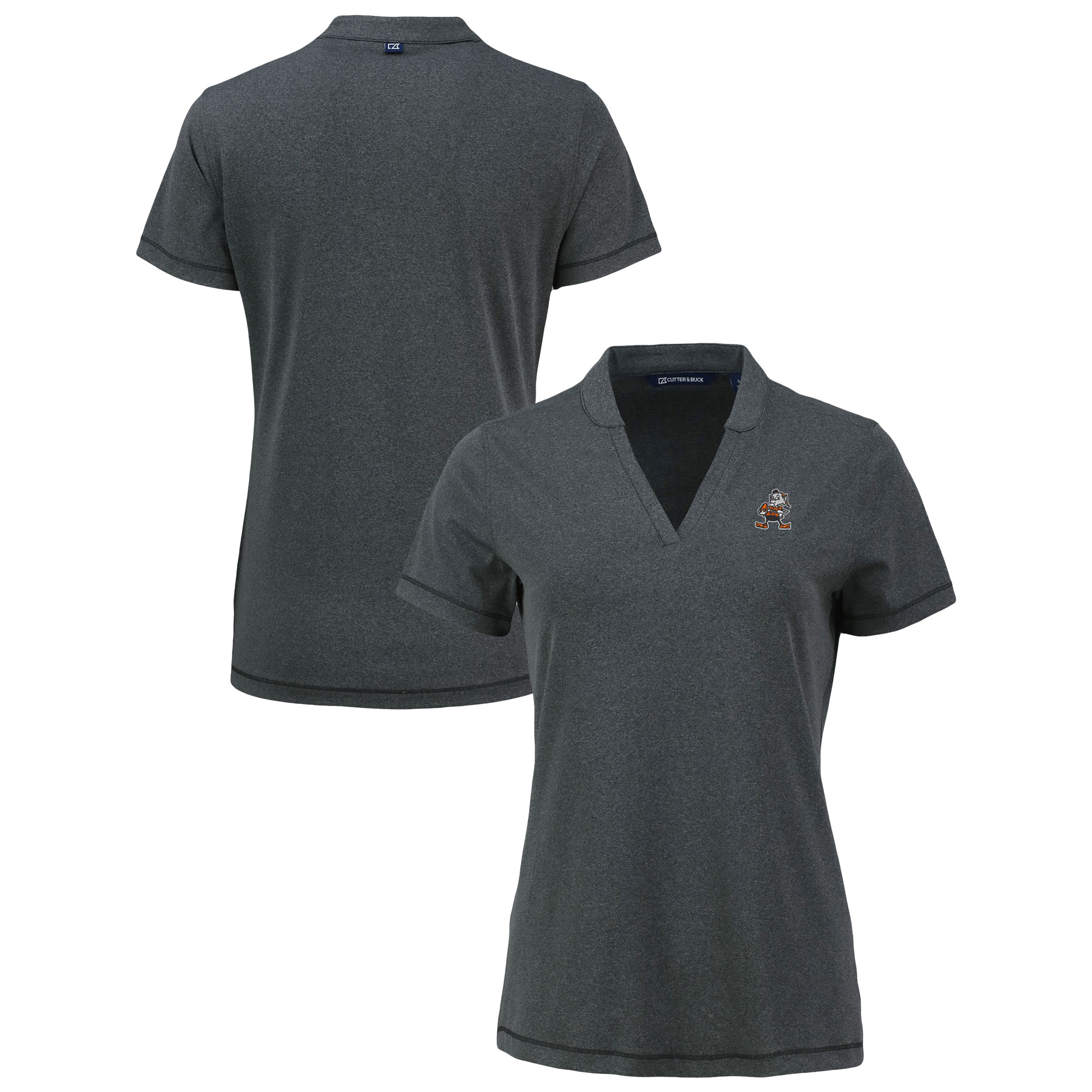 Women's Cutter & Buck Heather Black Cleveland Browns Forge Stretch Blade DryTec V-Neck Polo