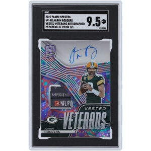 Aaron Rodgers Green Bay Packers Autographed 2021 Panini Spectra Psychedelic Prizm Laundry Tag Relic #VV-AR #1/1 SGC Authenticated 9.5 Card