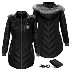 Women's ActionHeat Black Minnesota Vikings 5V Battery Heated Long Puffer Full-Zip Hoodie Jacket