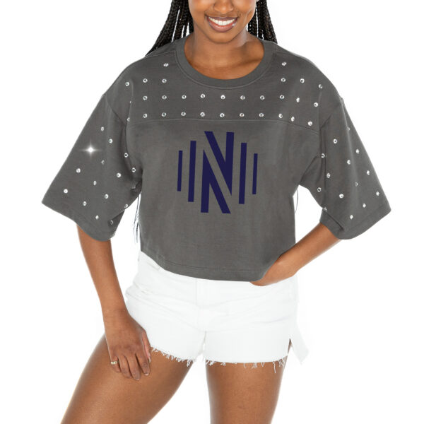 Women's Gameday Couture  Gray Nashville SC Making Moves Rhinestone Cropped Oversized Half Sleeve T-Shirt