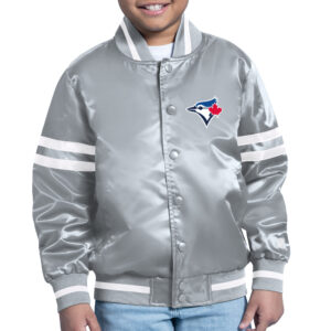 Youth Starter Gray Toronto Blue Jays Printed Shield Team Logo Satin Varsity Full-Snap Jacket