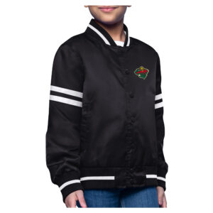 Youth Starter  Black Minnesota Wild Printed Logo Satin Varsity Full-Snap Jacket