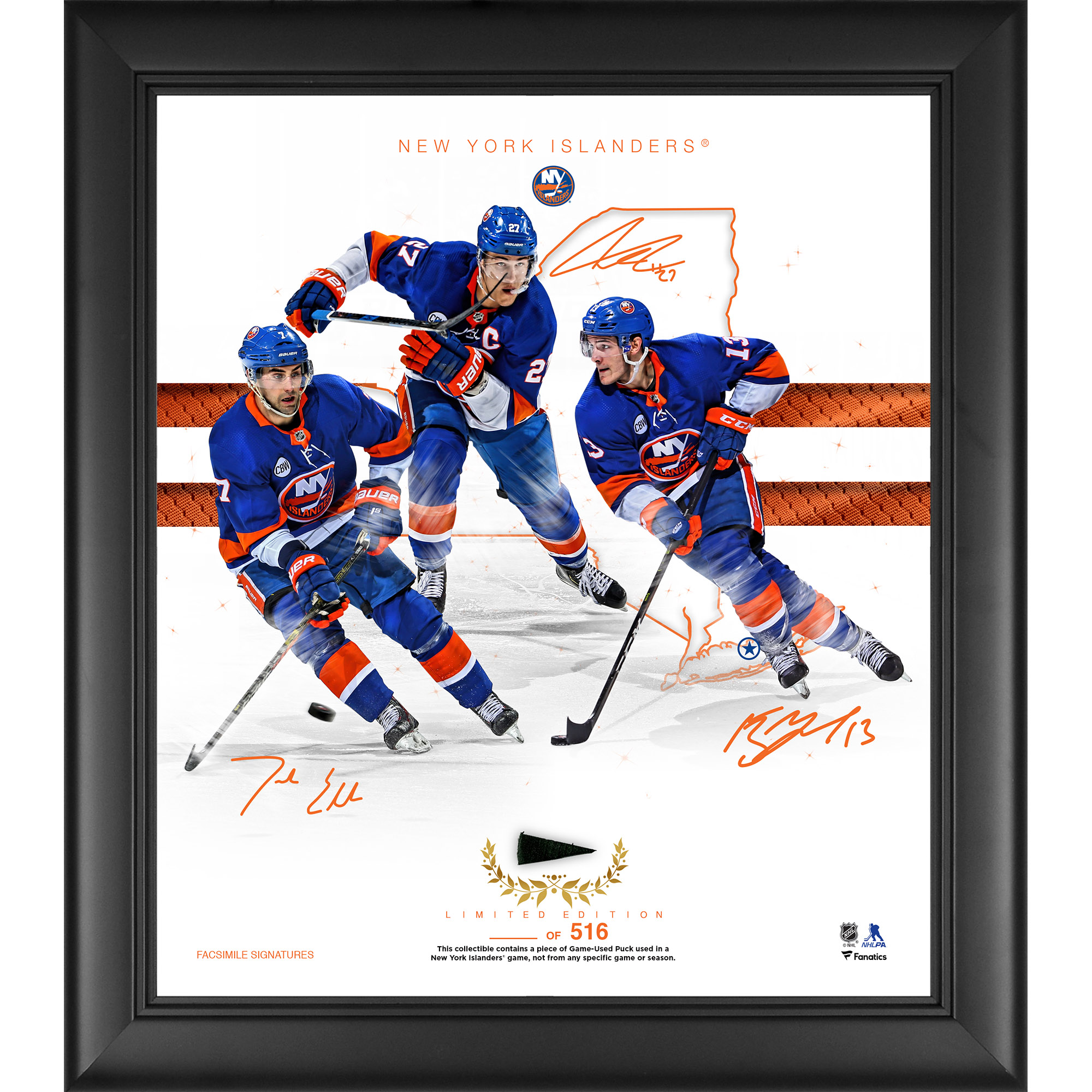 New York Islanders Framed 15" x 17" Franchise Foundations Collage with a Piece of Game Used Puck - Limited Edition of 516