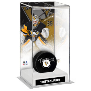Tristan Jarry Pittsburgh Penguins Autographed Hockey Puck with Deluxe Tall Hockey Puck Case