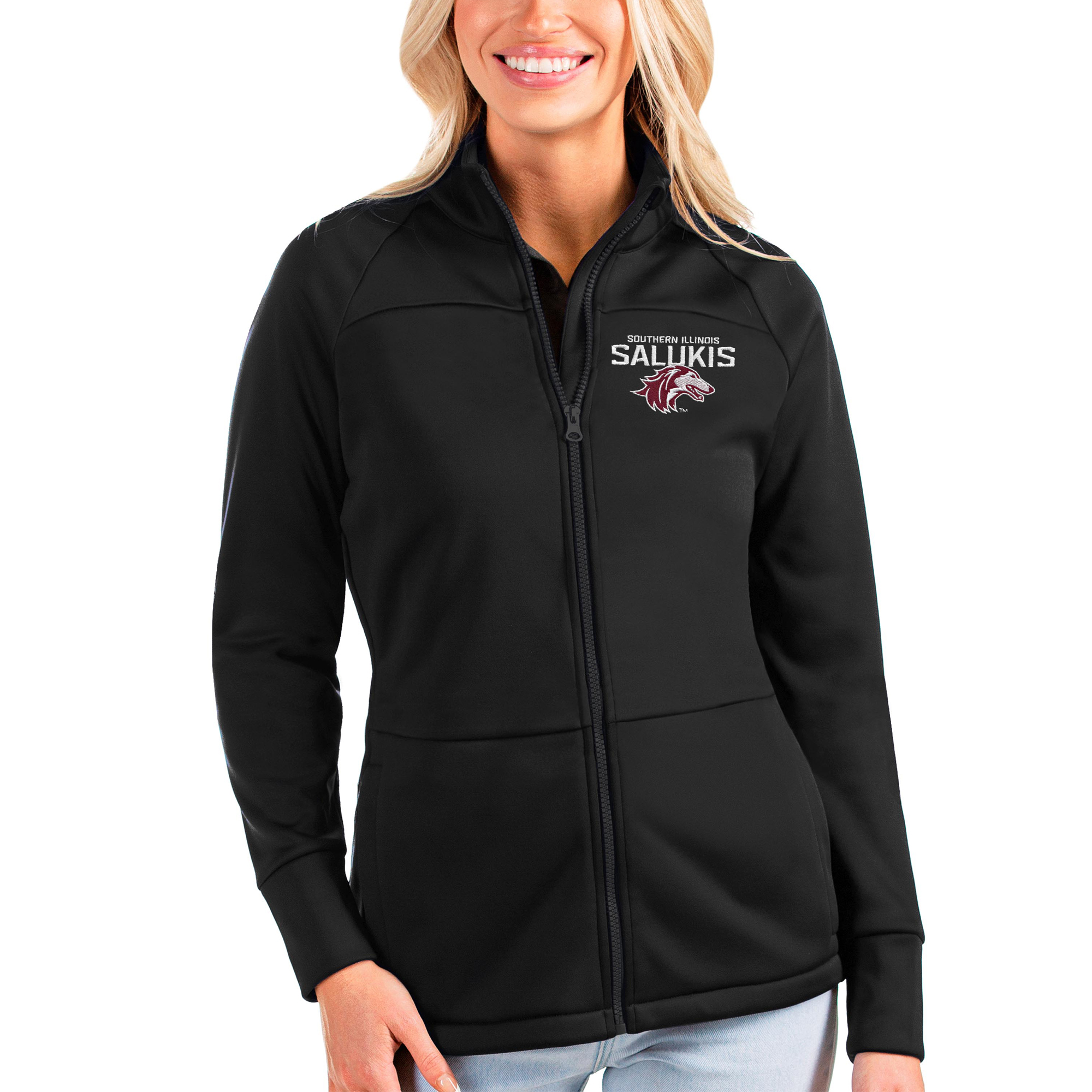 Women's Antigua Black Southern Illinois Salukis Links Full-Zip Golf Jacket
