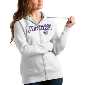 Women's Antigua White Philadelphia 76ers Team Victory Full-Zip Hoodie