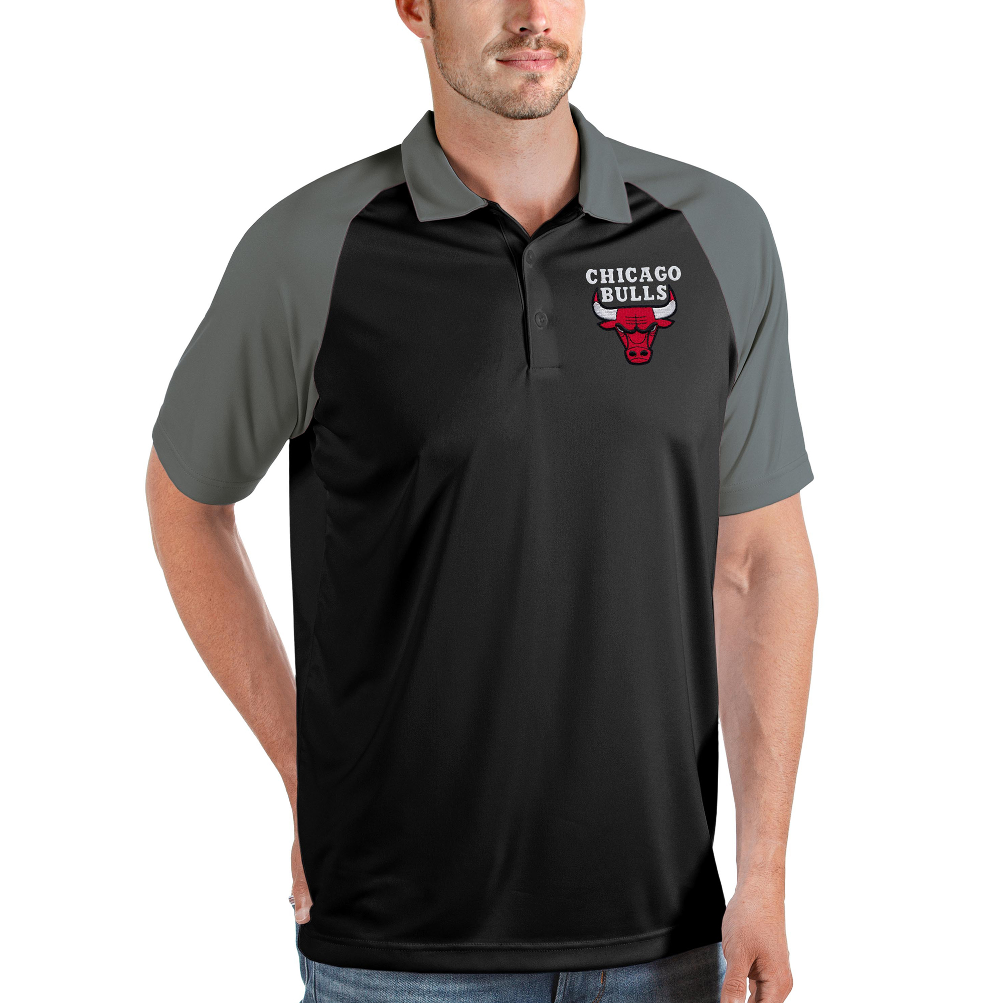 Men's Antigua Black Chicago Bulls Nova Raglan Polo