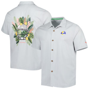 Men's Tommy Bahama Gray Los Angeles Rams Coconut Point Frondly Fan Camp IslandZone Button-Up Shirt