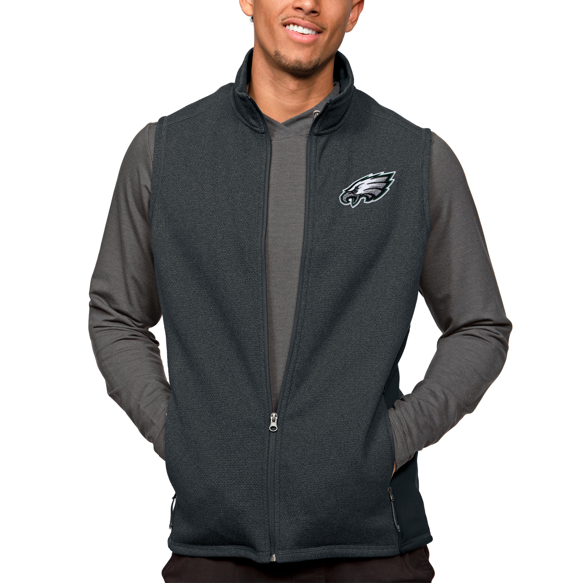 Men's Antigua Heathered Charcoal Philadelphia Eagles Course Full-Zip Vest