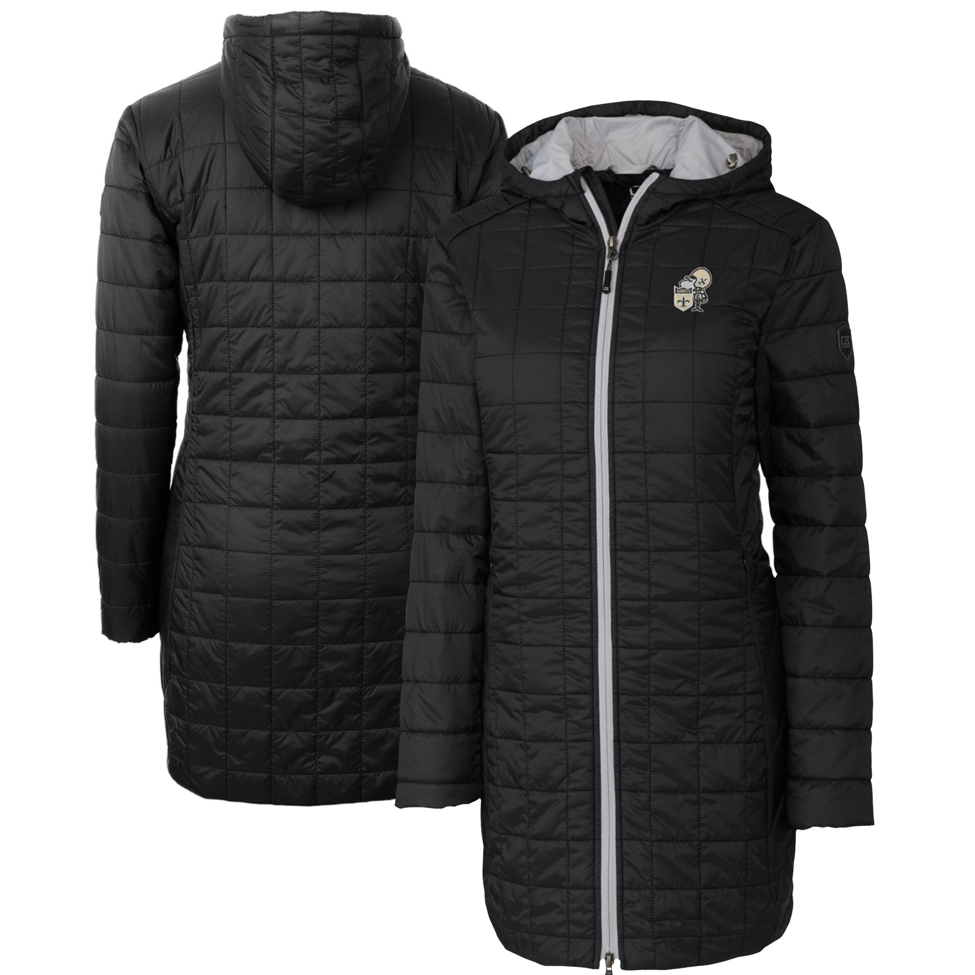 Women's Cutter & Buck Black New Orleans Saints Throwback Logo Rainier Primaloft Eco Full-Zip Hoodie Long Coat