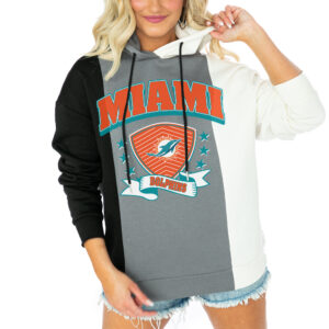 Women's Gameday Couture  Black/White Miami Dolphins Take The Field Tri-Color Block Fleece Pullover Hoodie