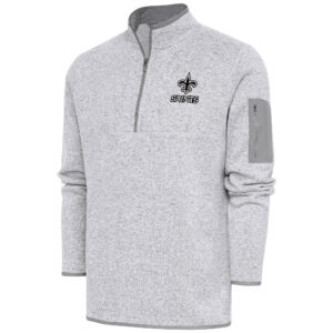 Men's Antigua Heather Gray New Orleans Saints Metallic Logo Fortune Quarter-Zip Pullover Jacket