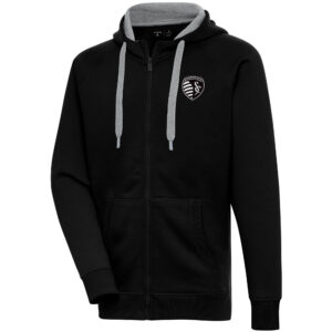 Men's Antigua  Black Sporting Kansas City Brushed Metallic Victory Raglan Full-Zip Hoodie
